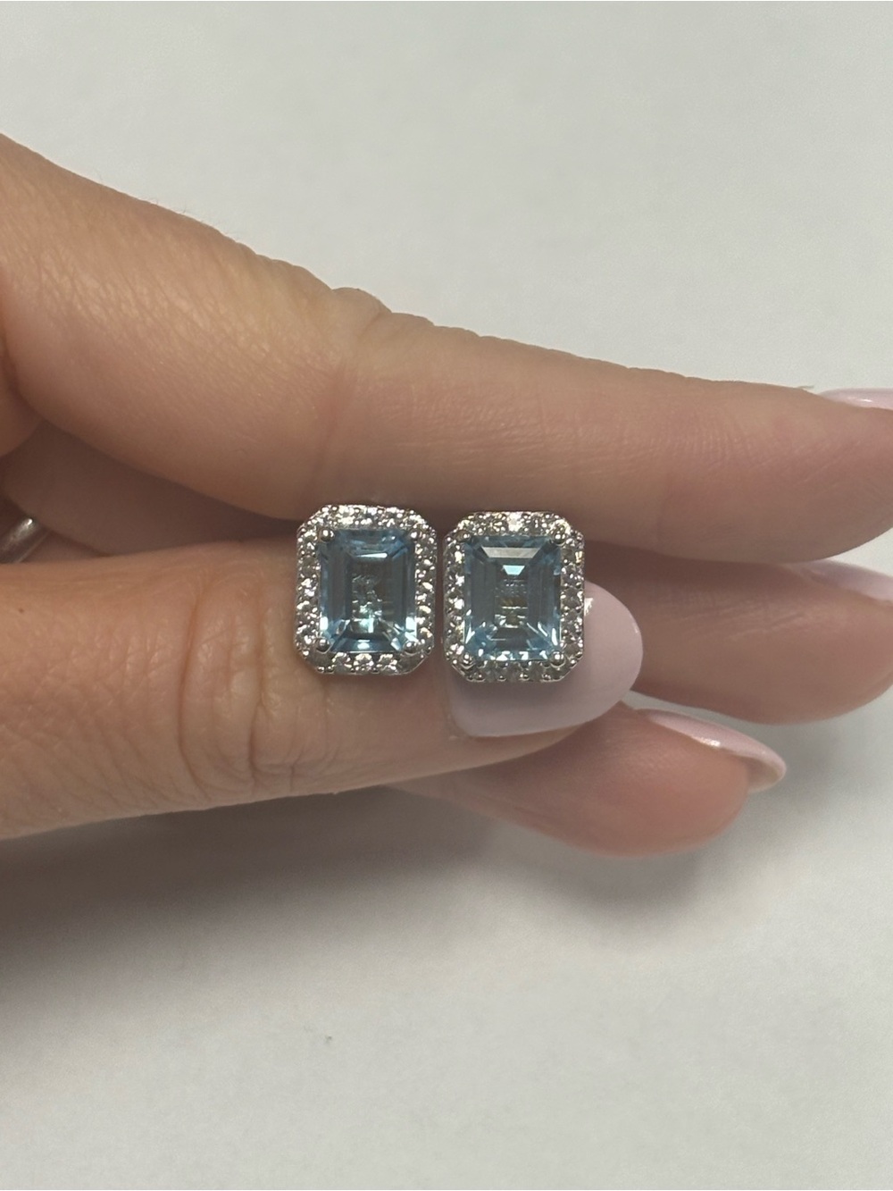 Suzy Levian Blue Topaz & White Topaz Halo Stud Earrings Sample NWT